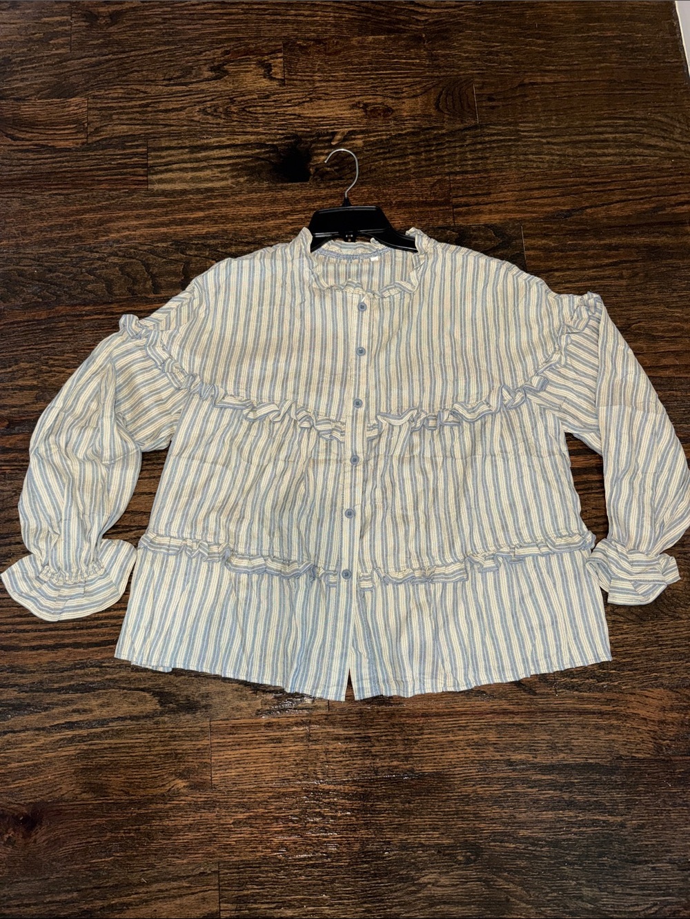 Striped Ruffled Button-Up Blouse in White and Light Blue